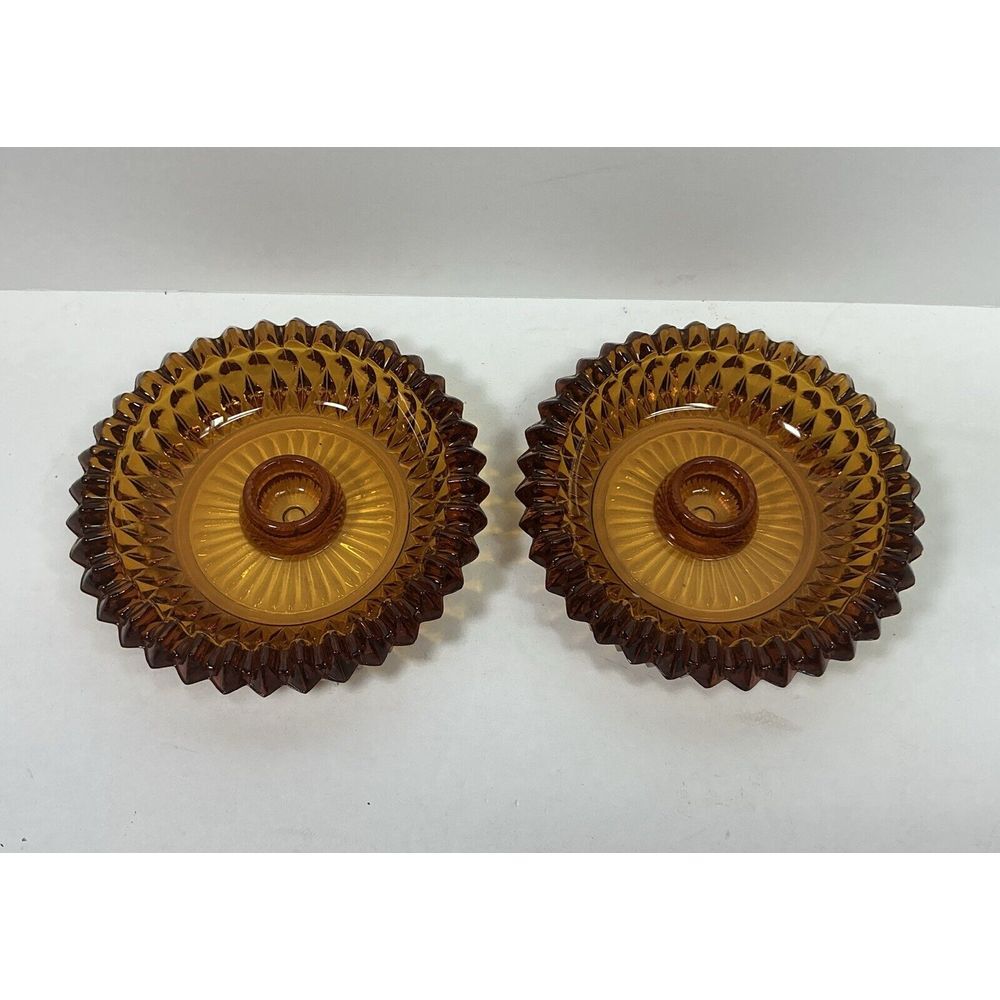 Vintage Amber Glass Candle Holder Set of 2 Diamond‎ Point  Home Decor
